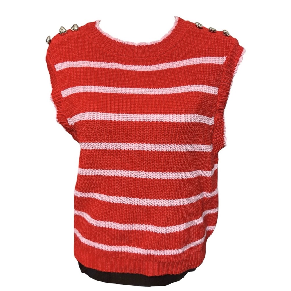 XOKR Kerri Rosenthal Knit Sleeveless Vest Striped Pink Red M Heart Beads